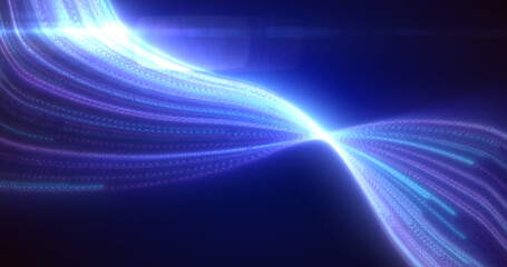 Abstract bright blue purple glowing flying waves from twisted lines energy magical background