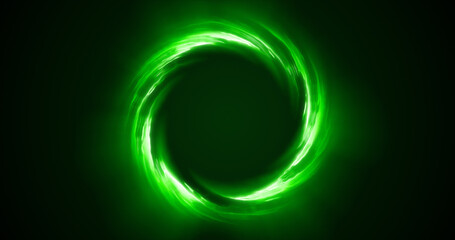 Looped twirl circle of stripes and lines of bright green beautiful magical energy glowing neon, round frame. Abstract background