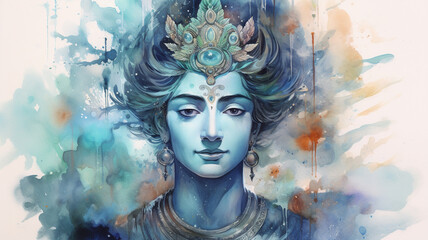 Portrait Watercolor of God Vishnu. AI Generative - obrazy, fototapety, plakaty