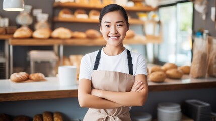 Smiling female asian people wearing apron working ,details in the kitchen