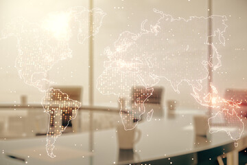 Multi exposure of abstract creative digital world map hologram on a modern conference room...