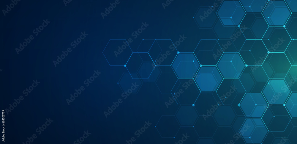 Poster digital technology background. abstract hexagons background with lines and dots. design for science,