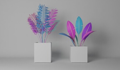 The leaves of two types of tropical plants in pots on a white background are mint, purple, and pink, giving them an interesting and mysterious look.
3d render illustration image.