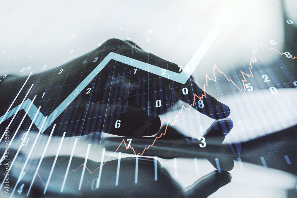 Poster abstract creative financial graph with upward arrow and finger clicks on a digital tablet on backgro