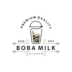 Boba Drink Logo, Milk Tea Cute Boba Pearl Jelly Drink Bubble Vector Simple Minimalist Design