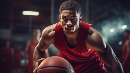 Young male basketball player dribbling the ball on basketball court in action. - Powered by Adobe