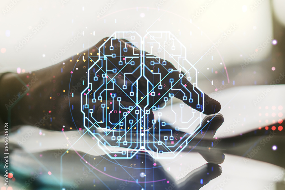 Aufkleber double exposure of creative human brain microcircuit and hand working with a digital tablet on backg