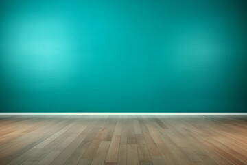 a room with a wooden floor and a blue wall