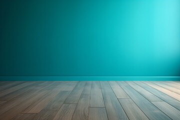 a room with a wooden floor and a blue wall