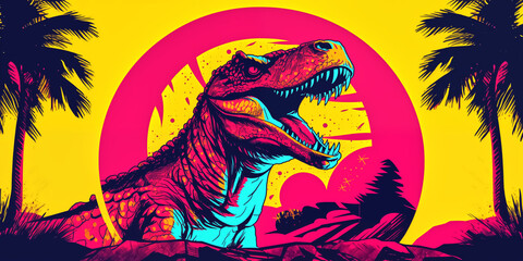 dinosaur, blockprint, groovy neon lo lo-fi, isolated on a white