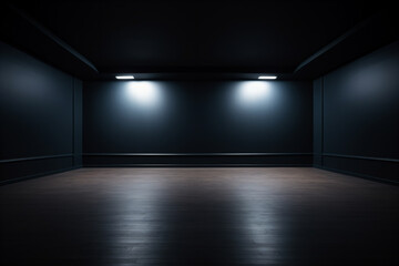 a dark room with three lights on the wall