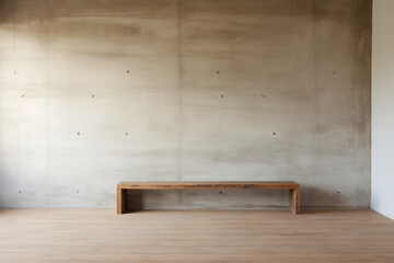 a wooden bench sitting in a room with a concrete wall - obrazy, fototapety, plakaty