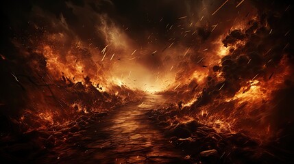 Dramatic fiery landscape with falling embers