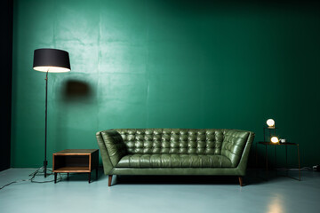 a green couch and a table in a room