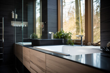a bathroom with a large window and a sink