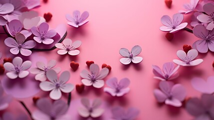 Pink Plumeria Flowers and Heart Shapes Scattered on a Gradient Pink Background