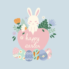 hand drawn vector illustration of white Easter bunny rabbits in with heart and flowers in pastel concept. Cute elements doodle in flat style. For poster, card, invitation, graphic resource