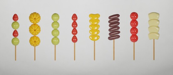 Various 'Tanghulu', pineapple, cherry tomatoes, strawberries, tangerines, grapes, and Shine Muscat fruits are skewered on a white background. 3D render illustration background image.