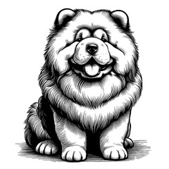 Full-length sitting Chow Chow portrait. Hand Drawn Pen and Ink. Vector Isolated on White. Engraving vintage style illustration for print, tattoo, t-shirt, sticker