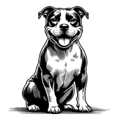Full-length sitting Staffordshire Bull Terrier dog portrait. Hand Drawn Pen and Ink. Vector Isolated on White. Engraving vintage style illustration for print, tattoo, t-shirt, coloring book