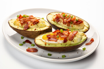 three avocados with bacon and eggs on a plate
