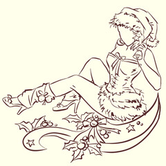 Santa girl in a dress vector for card decoration illustration