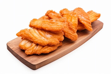 a wooden tray filled with fried food on top of a white surface