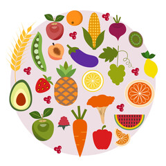Set of fruits and vegetables. Benefits of fruit and veggies in healthy eating concept
 
