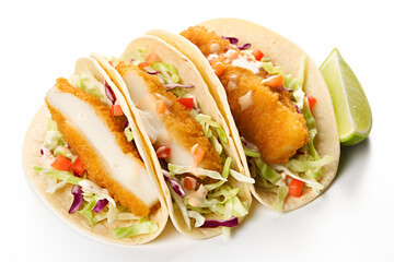 three fish tacos on a plate with a lime wedge