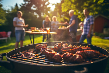 a group of people standing around a grill - obrazy, fototapety, plakaty