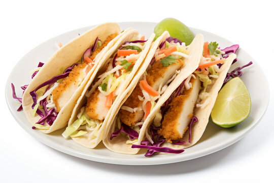 a plate of fish tacos with slaw and coleslaw