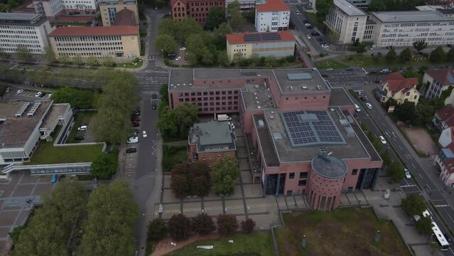 Pfalztheater sustainable building with solar panels roof in Kaiserslautern, Aerial