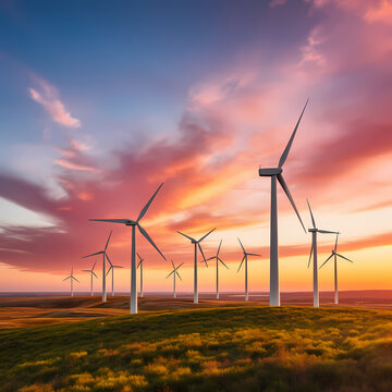Group of wind turbines against a vibrant sunset sky