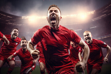 Exhilarated soccer players celebrating victory on field. Team spirit and triumph. - obrazy, fototapety, plakaty