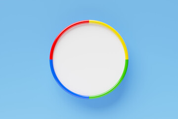 Realistic white circle with multi-colored frame for notes. 3d illustration. Bright white light frame