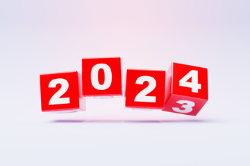 2024 new year card with 3d realistic year number on white  background. 3D illustration. Volumetric figures 2024 at an angle, space for text for New Year's greetings, New Year's corporate banner