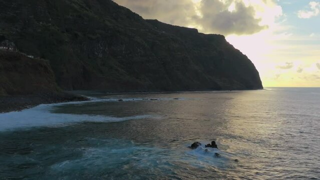 Porto Moniz in Madeira Potrugal fottage with drone of cliffs and ocean filmed at sunset
