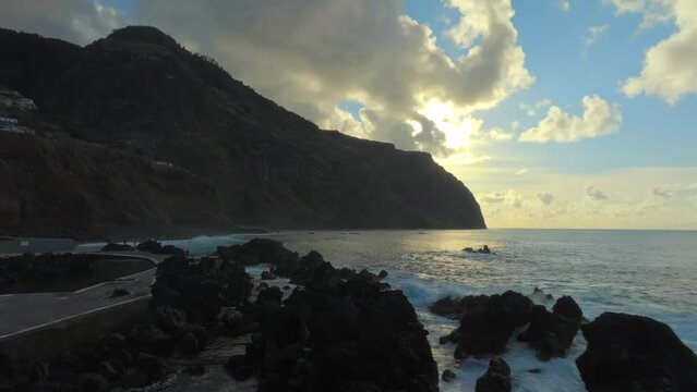 Porto Moniz in Madeira Potrugal fottage with drone of cliffs and ocean filmed at sunset