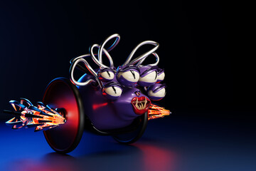 Angry pink cartoon monster with a huge number of eyes, a dangerous weapon - a stinger on wheels ready to attack on a blue  background.  3d illustration