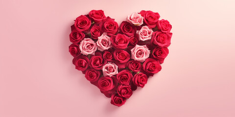 Valentine's day roses in a heart shape on pink background colors, light pink and red of pastel color.