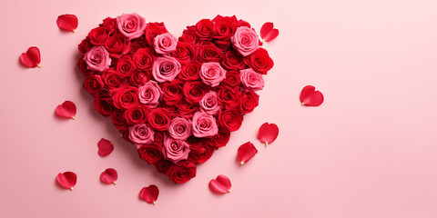 Valentine's day roses in a heart shape on pink background colors, light pink and red of pastel color