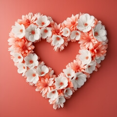 alentine's day roses in a heart shape on orange background colors, light orange and white of pastel color..