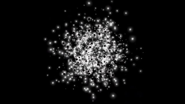 Molecular atomic particle simulation. Particles emerge from blackness and propagate. Camera rotation with zoom in on energetic particles. 60 FPS.