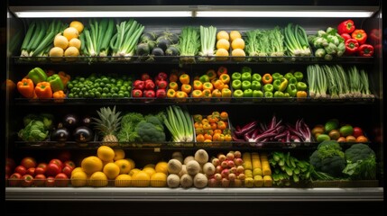 fresh produce variety: colorful fruits and vegetables displayed in supermarket refrigerated section - obrazy, fototapety, plakaty