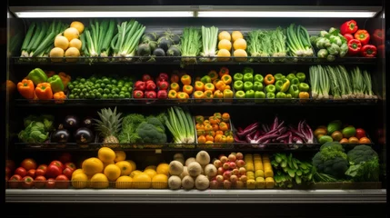 Poster fresh produce variety: colorful fruits and vegetables displayed in supermarket refrigerated section © Ashi