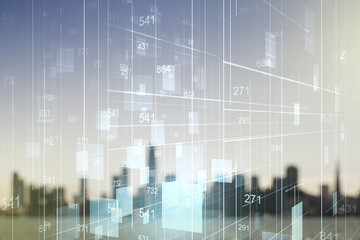 Double exposure of abstract virtual statistics data hologram on blurry cityscape background, statistics and analytics concept