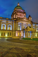 The beautiful City Hall of Belfast illuminated at twilight