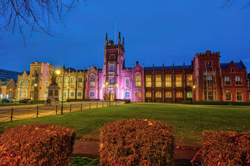 The main building of the Queens University in Belfast at twilight