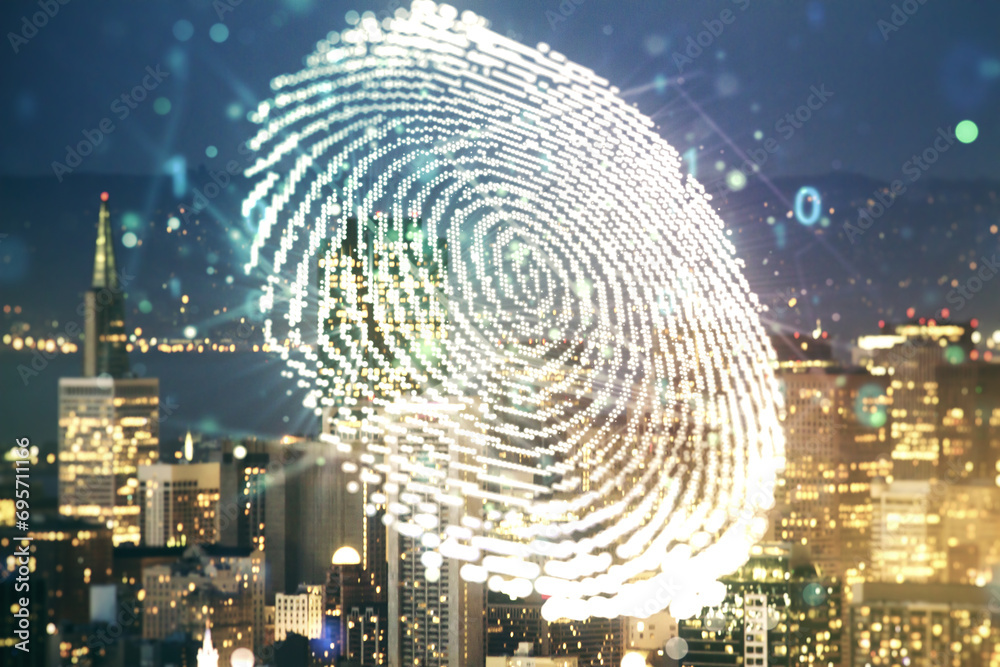 Poster Multi exposure of virtual graphic fingerprint sketch on San Francisco cityscape background fingerprint scan data concept