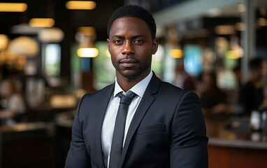 A dark-skinned 30-year-old businessman stands in the office. Successful mature boss working inside modern office building.
